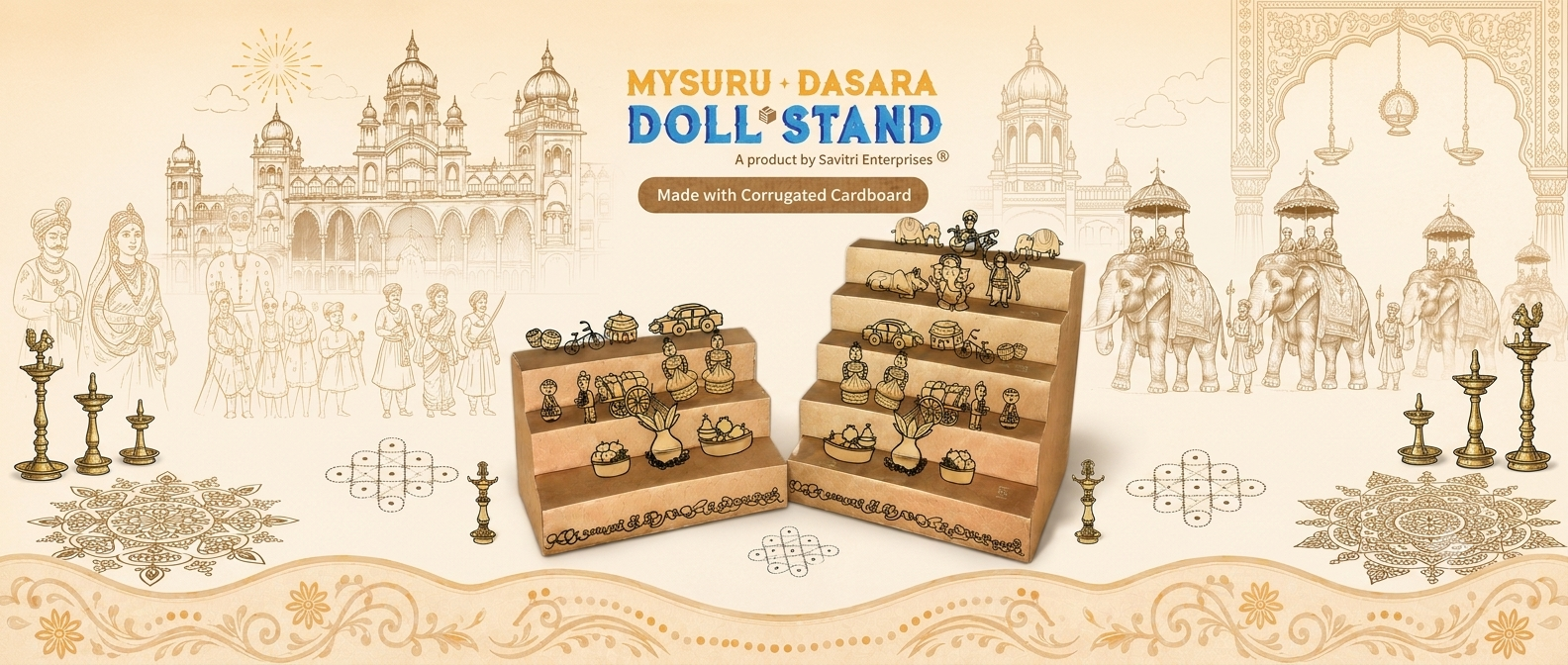 Mysuru Dasara Doll Stand by Savitri Enterprises — corrugated cardboard step stands displaying festival dolls, with the Mysore Palace and Jamboo Savari elephant illustrated behind